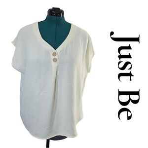 Just Be Ivory V Neck Short Sleeve Button Detail Top Plus Size 1X Textured